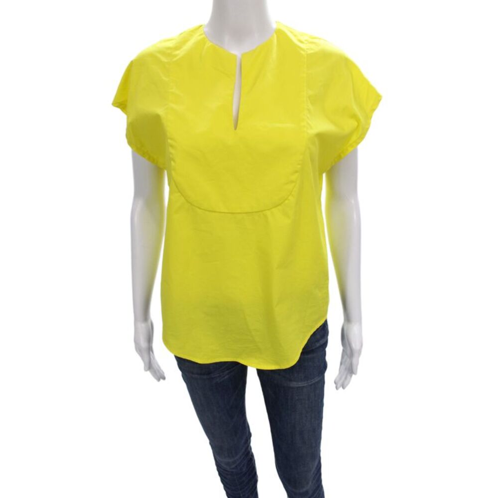 Harvey Faircloth Womens Yellow Cotton Blouse Short Sleeve Round Neck Size 2
